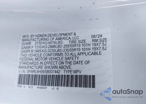 2025 Honda Odyssey Elite z USA, uszkodzony, nr VIN 5FNRL6H99SB007442